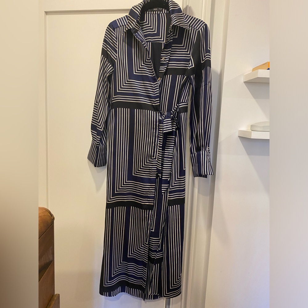 Mango navy button down tie satin dress